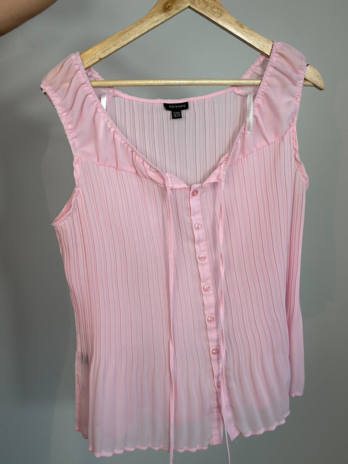 Y2k Plisse Sheer Pink Bow Tie Tank Top Blouse