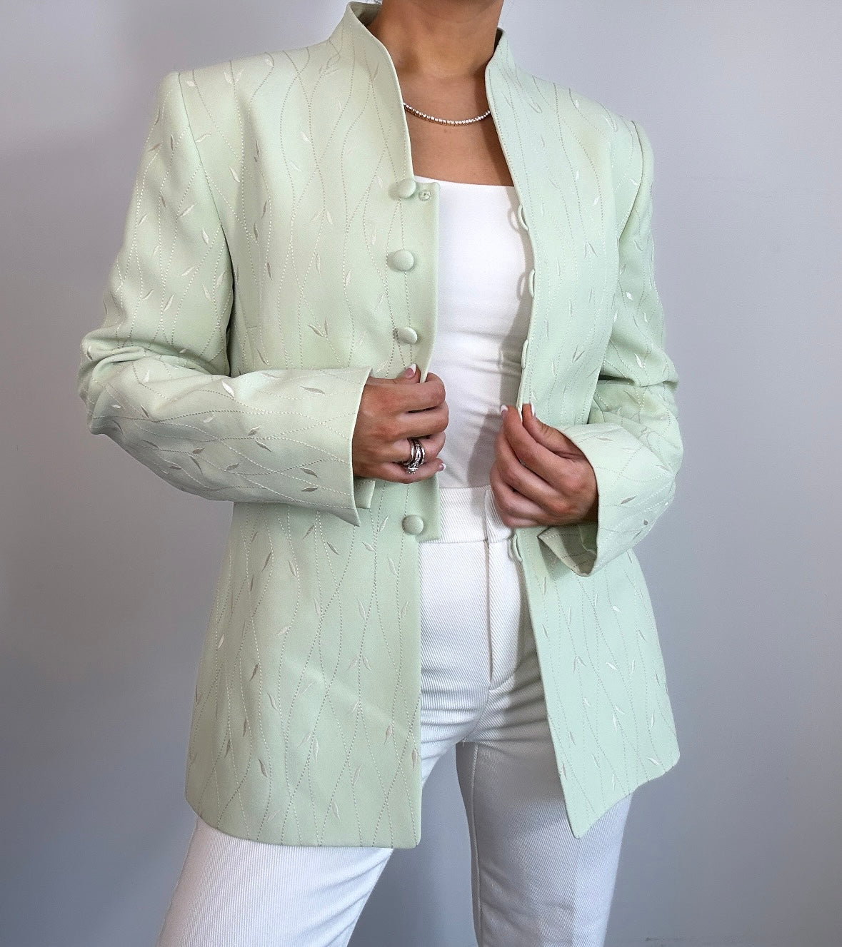 Vintage Light Green White Embroidered Longline Blazer Jacket