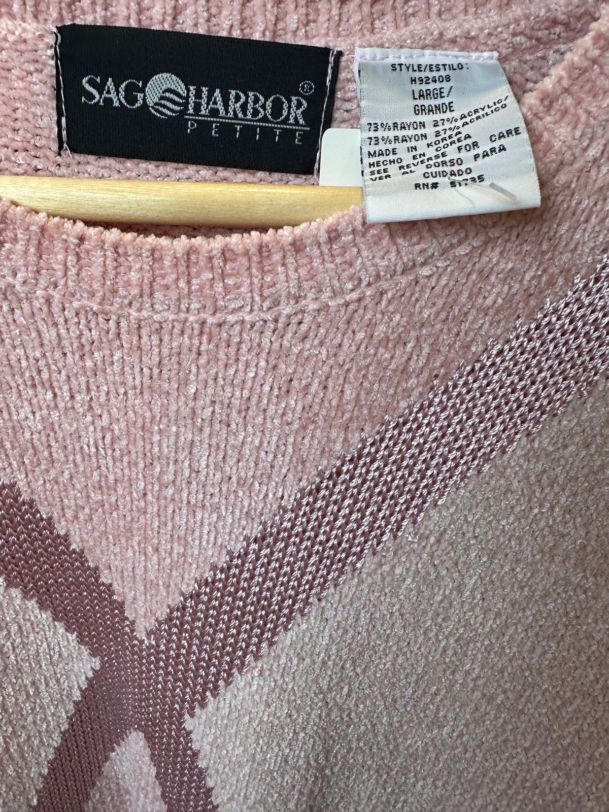 Vintage Sag Harbor Argyle Preppy Light Pink Chenille Sweater