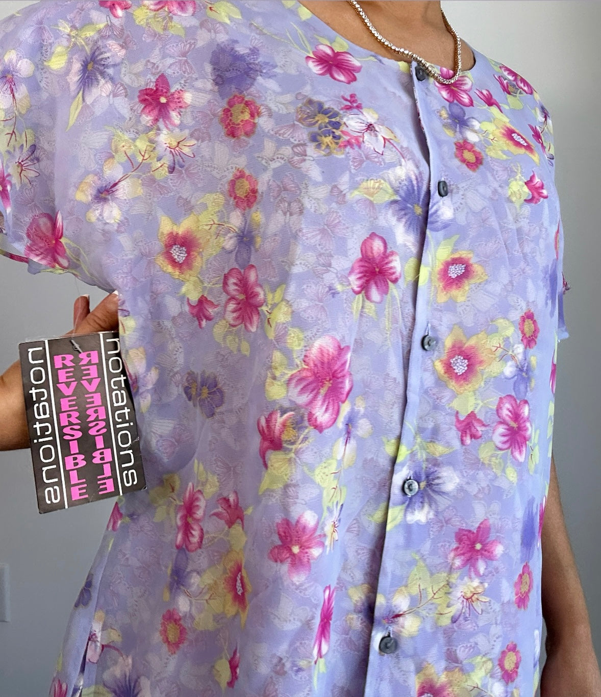 Vintage Lavender Pink Reversible Butterfly Floral Blouse