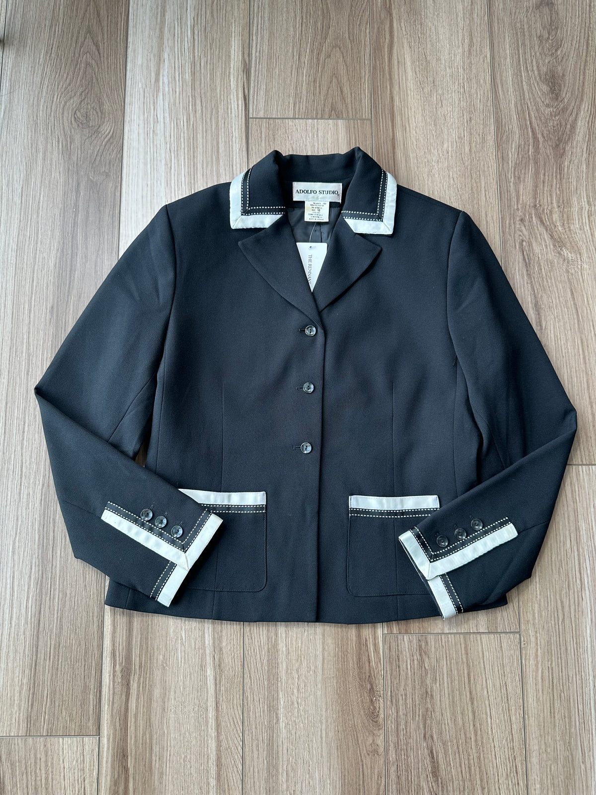 Vintage Adolfo Studio Black White Ribbon Trim Old Money Blazer