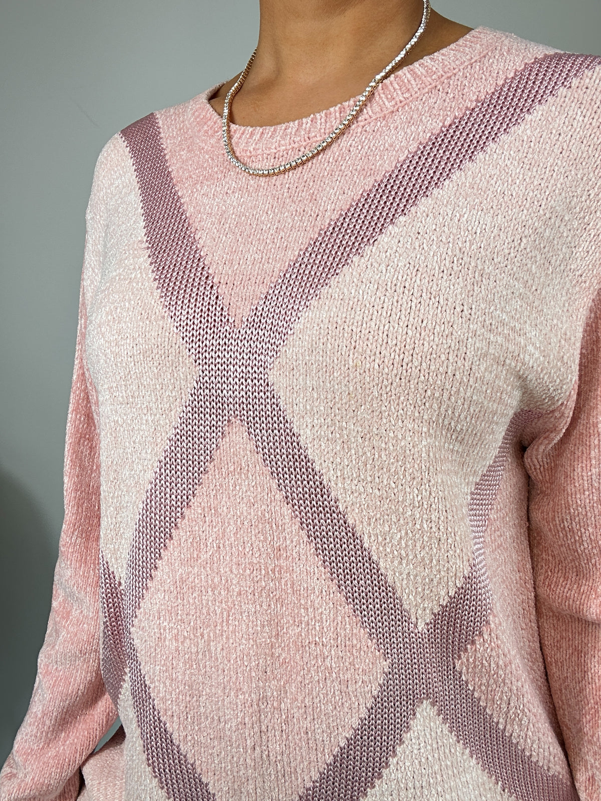 Vintage Sag Harbor Argyle Preppy Light Pink Chenille Sweater
