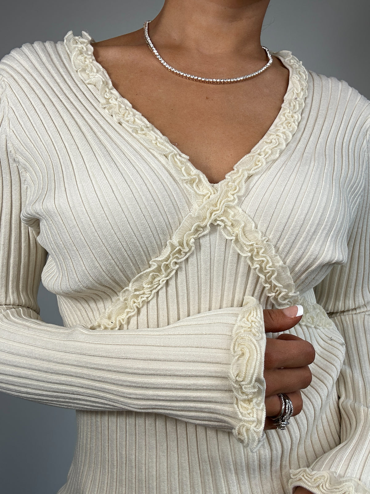 Y2K Vintage WDNY Cream Long Sleeve Knit with Ruffle Detail