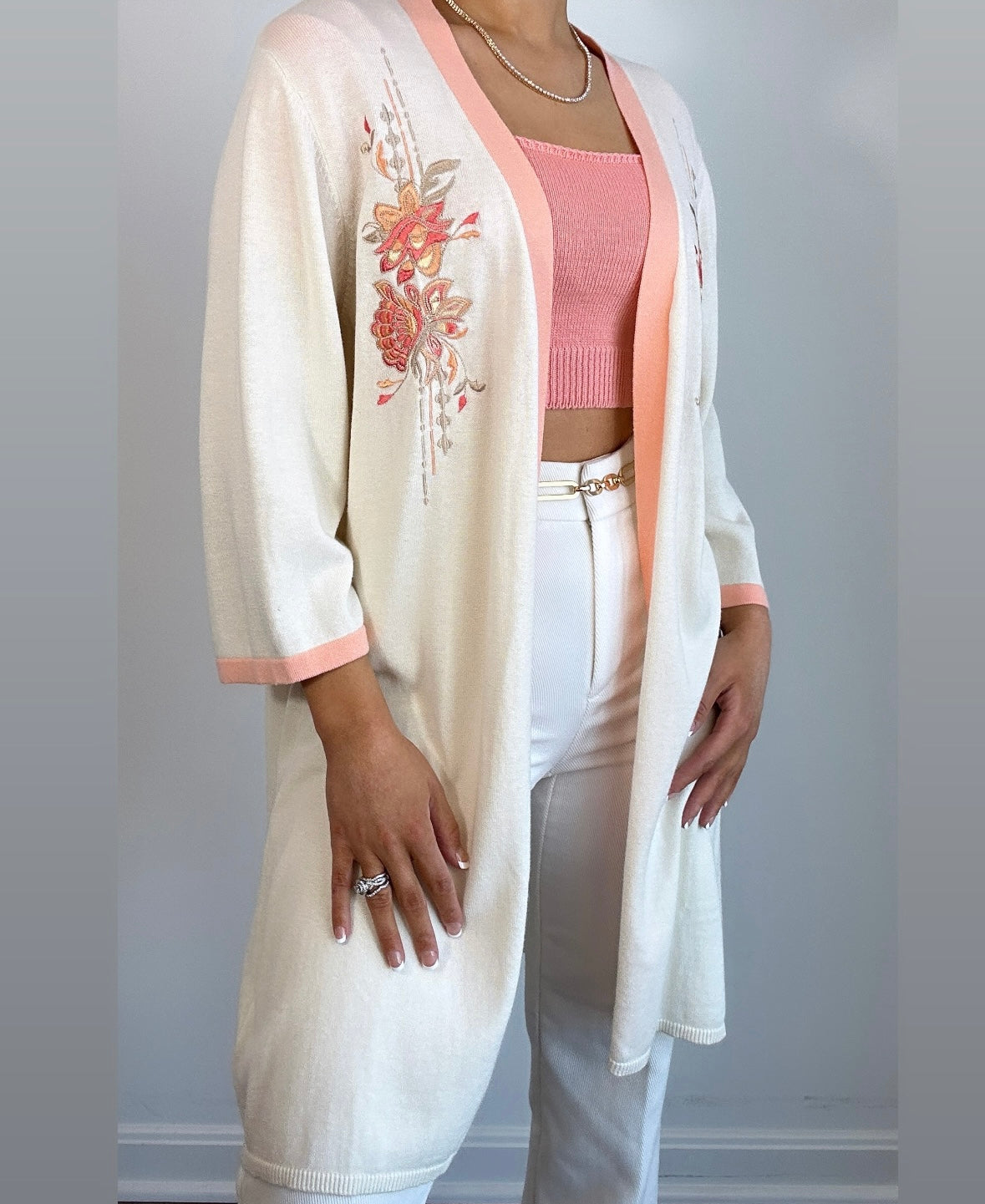 Vintage Peach & Cream Floral Embroidered Kimono Cardigan