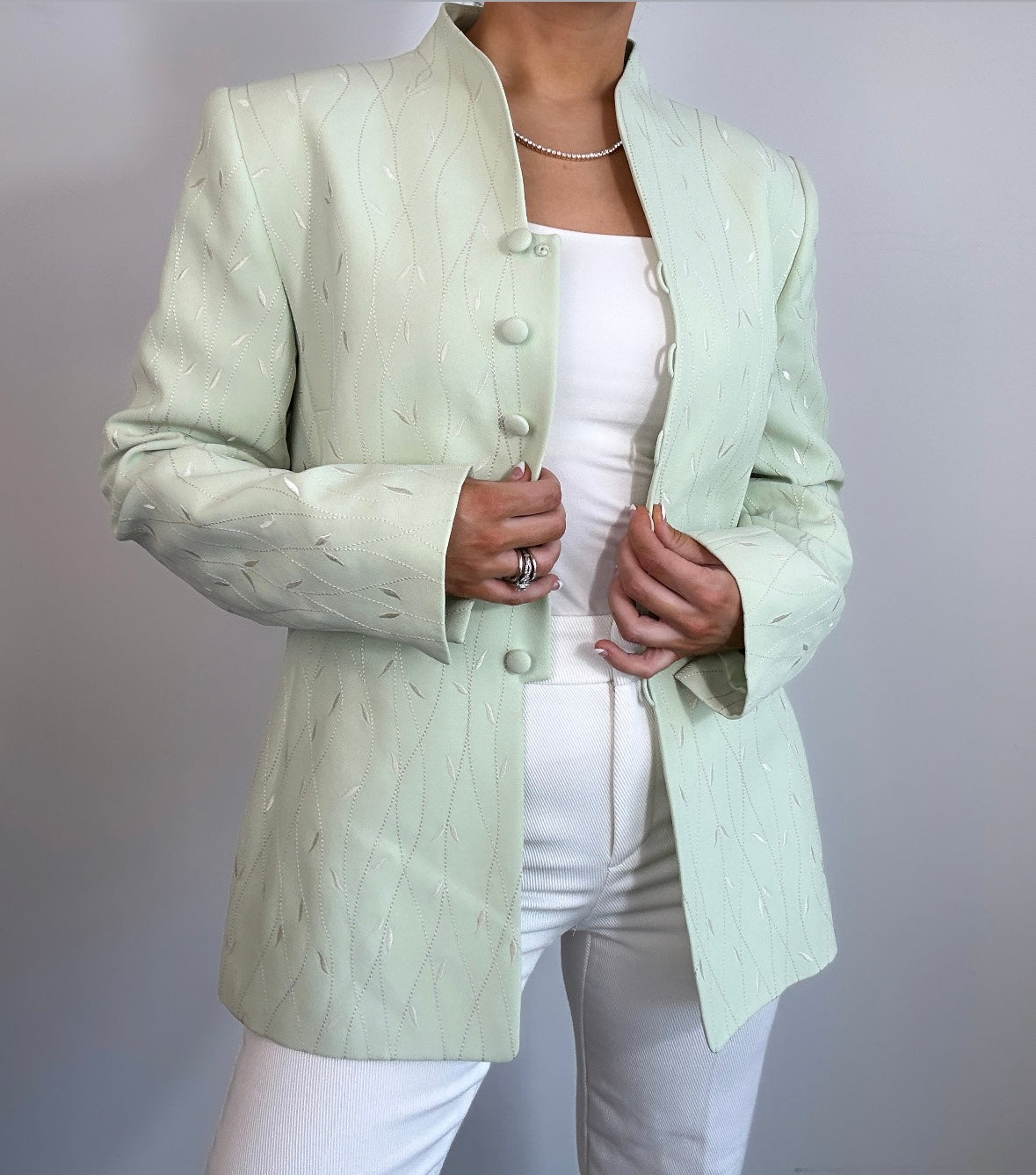 Vintage Light Green White Embroidered Longline Blazer Jacket