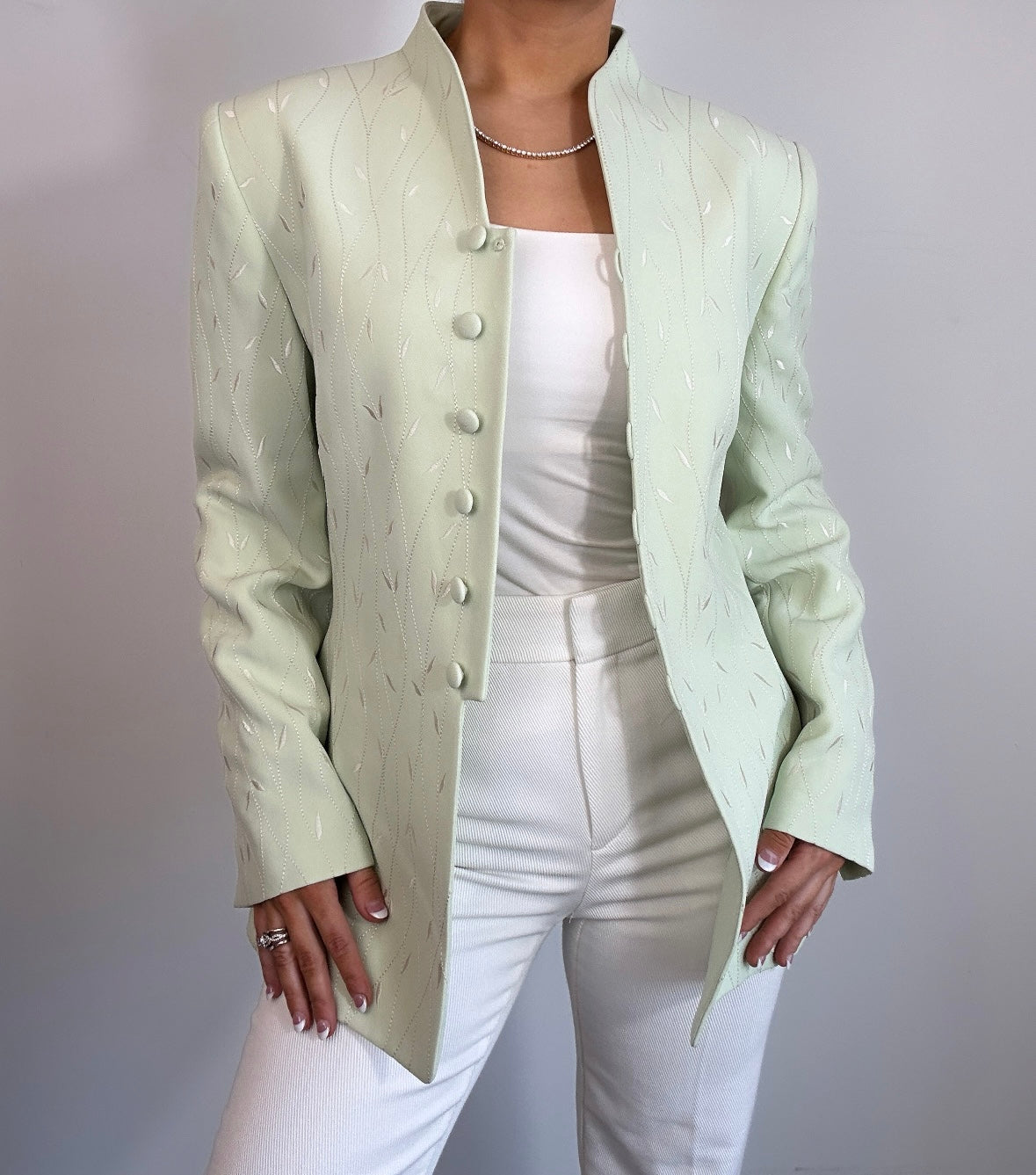Vintage Light Green White Embroidered Longline Blazer Jacket