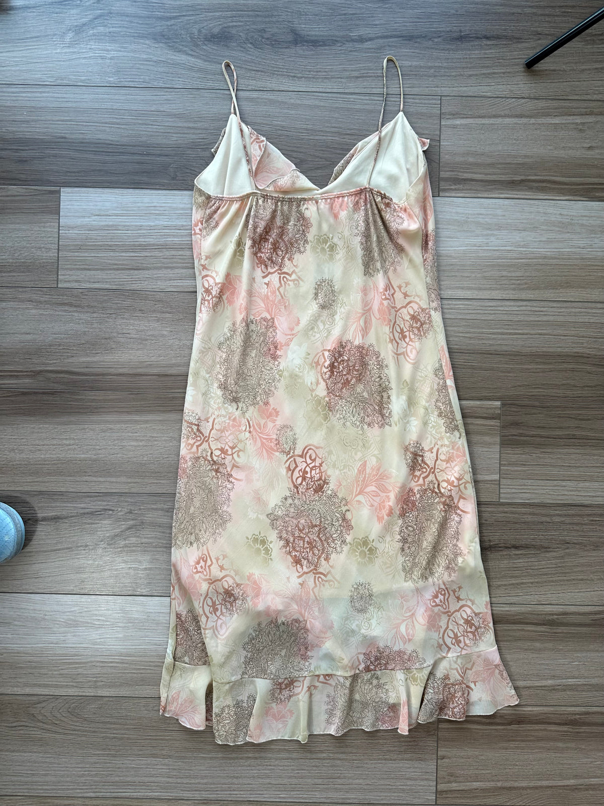 Vintage Tan Peach Printed Frilly Slip Dress Midi