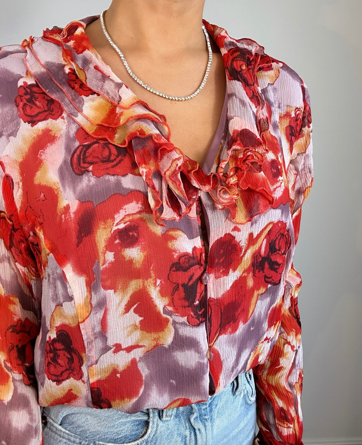 Y2K Pink Purple Floral Silk Ruffle Blouse