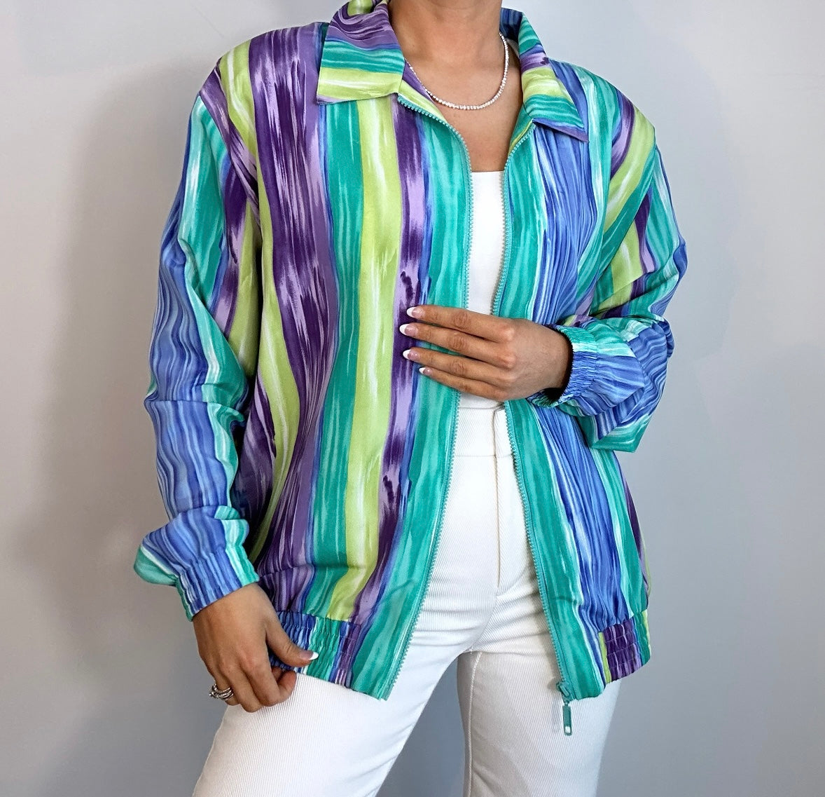 Vintage Multicolored Abstract Zip Up Bomber Jacket