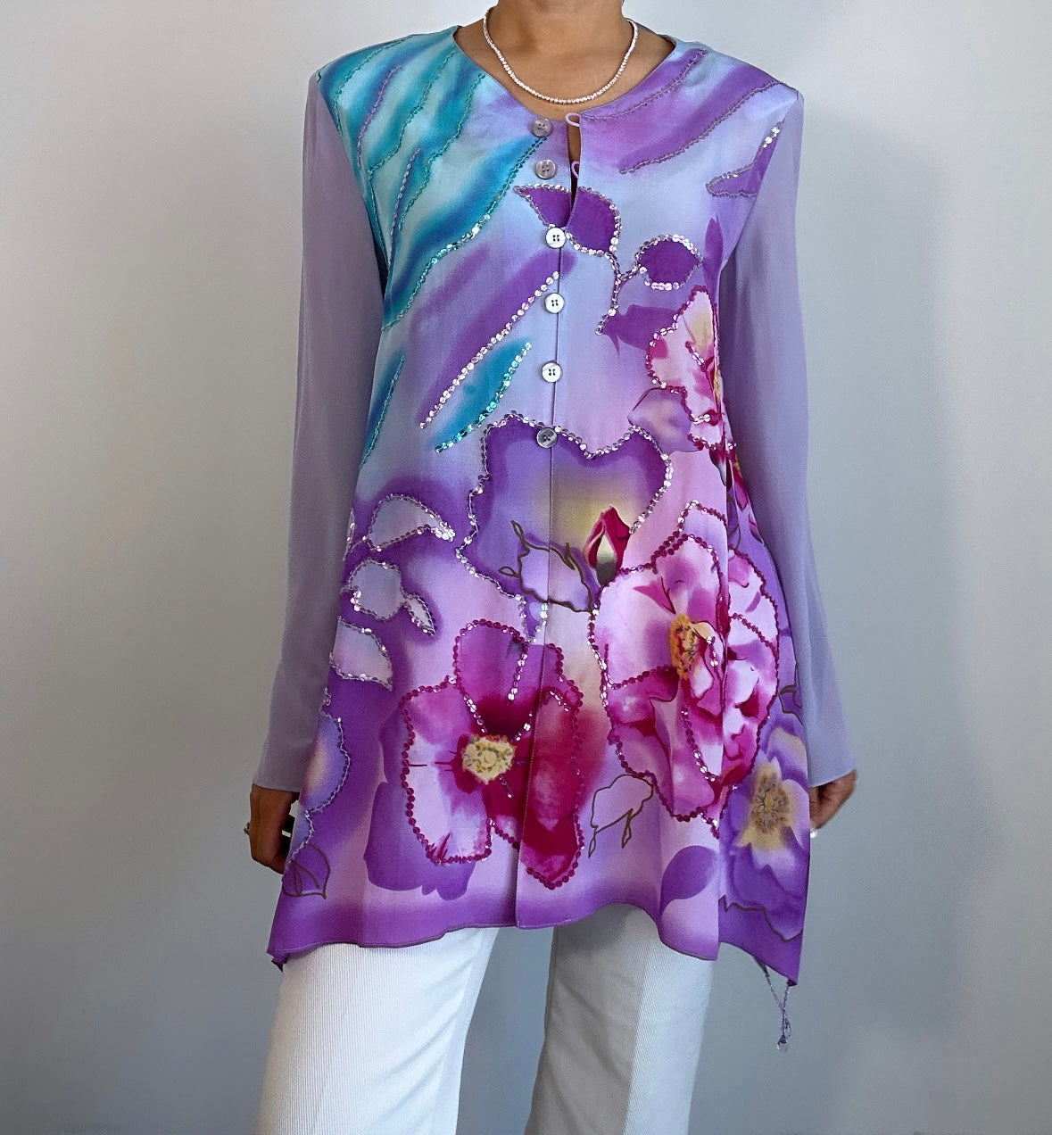 1980s Diane Gilman Purple Pink Sequin Silk Floral Blouse