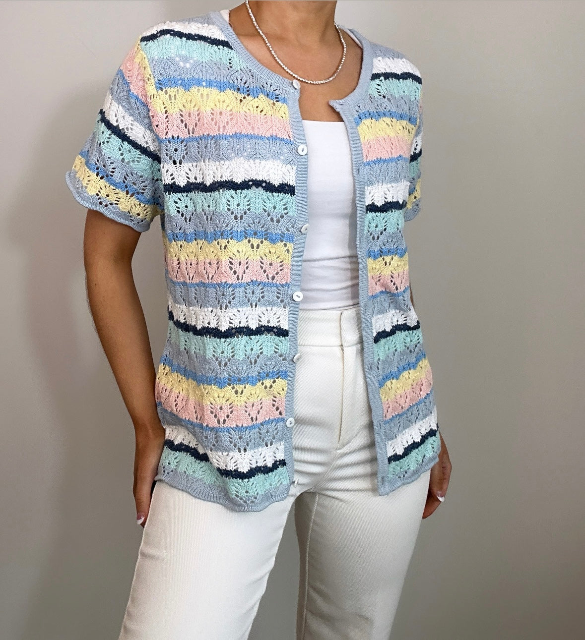 Vintage Crazy Horse Crochet Pastel Short Sleeve Knit Top