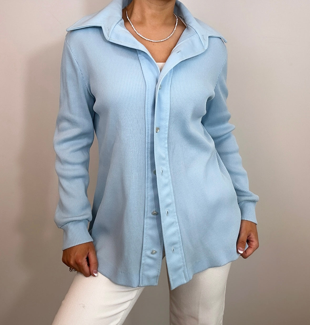 1970's Light Blue Double Knit Poly Dagger Collar Button Down