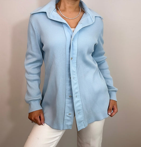 1970's Light Blue Double Knit Poly Dagger Collar Button Down