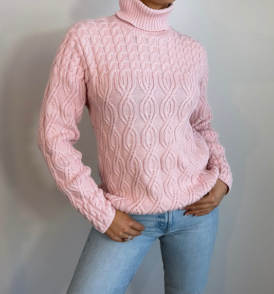 Vintage Light Pink Cable Knit Turtleneck Sweater