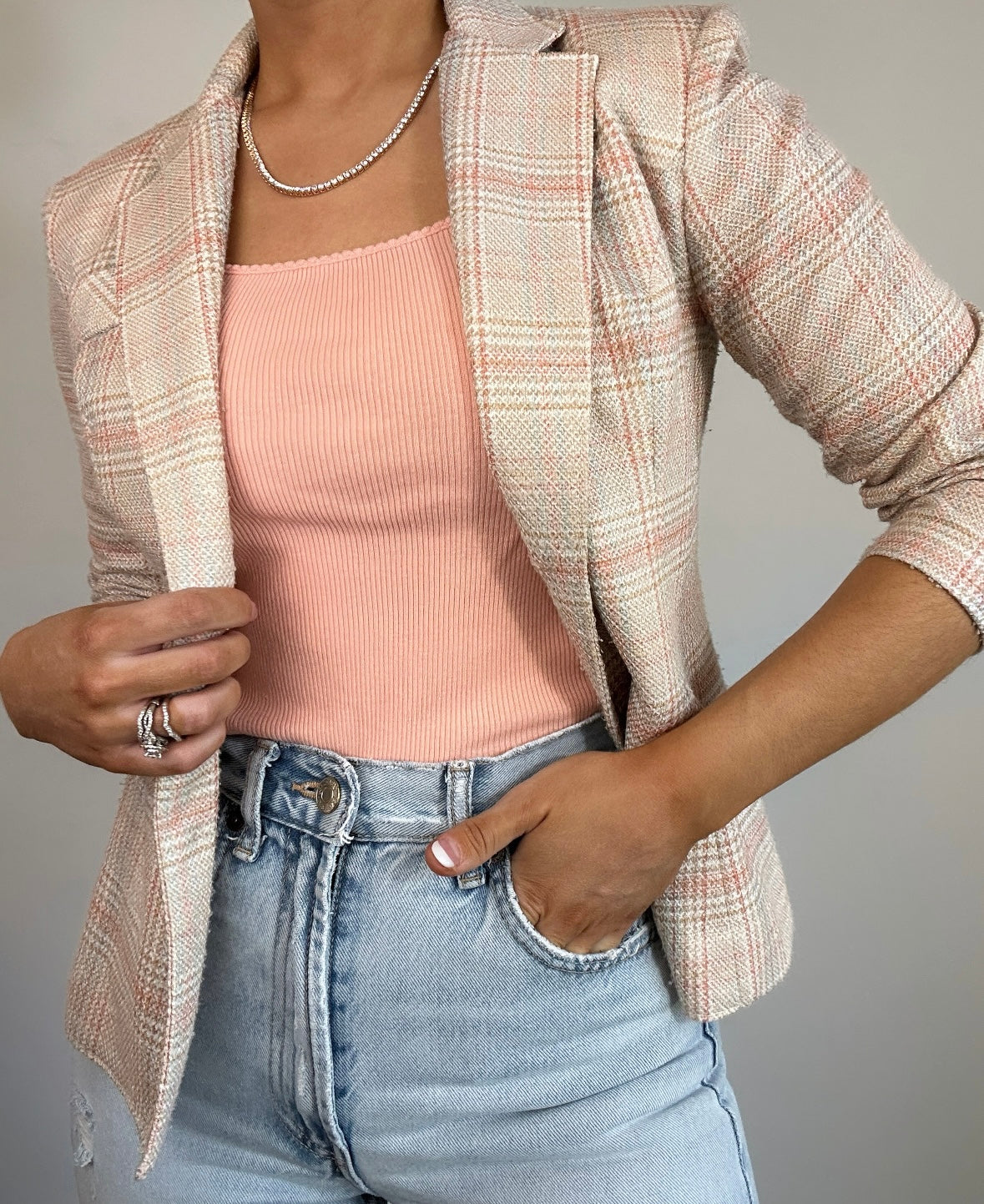 1970's Collegian of California Tailored Cream Blue Orange Plaid Blazer