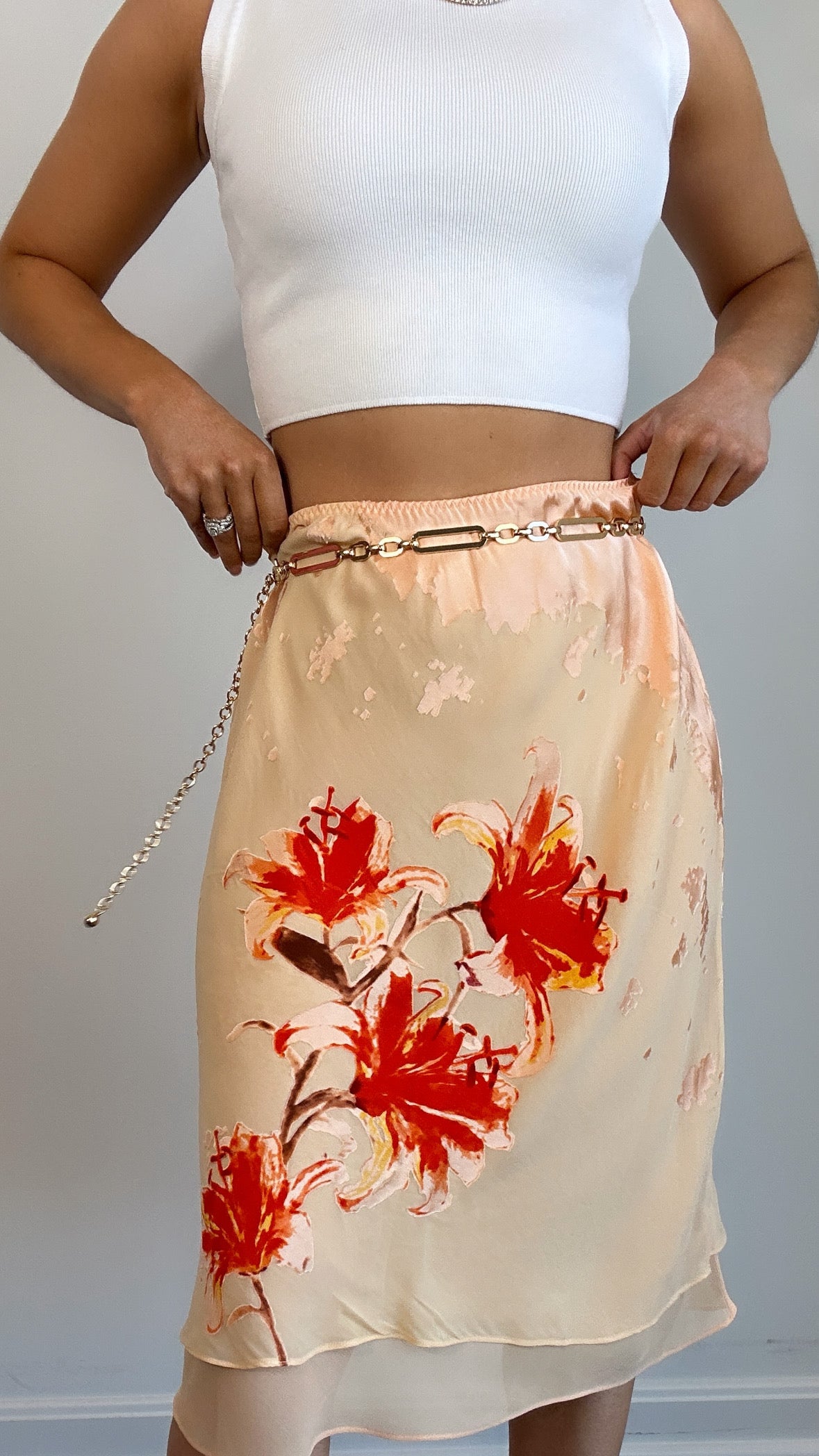 Y2k Peach Hibiscus Floral Print Silk Midi Slip Skirt