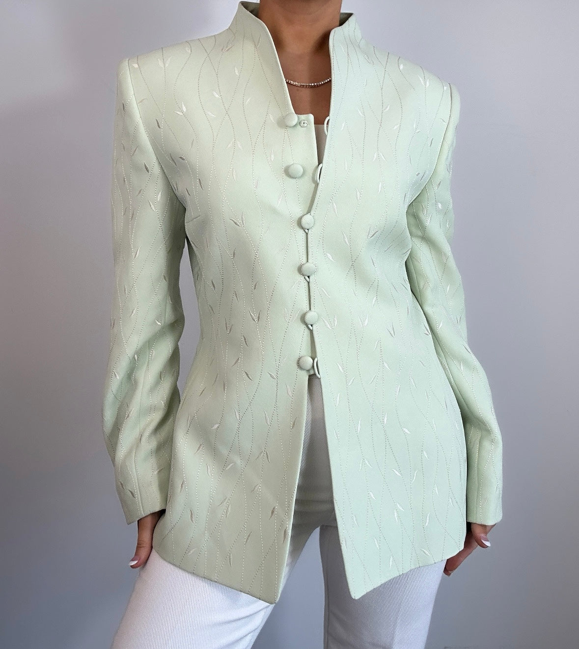Vintage Light Green White Embroidered Longline Blazer Jacket