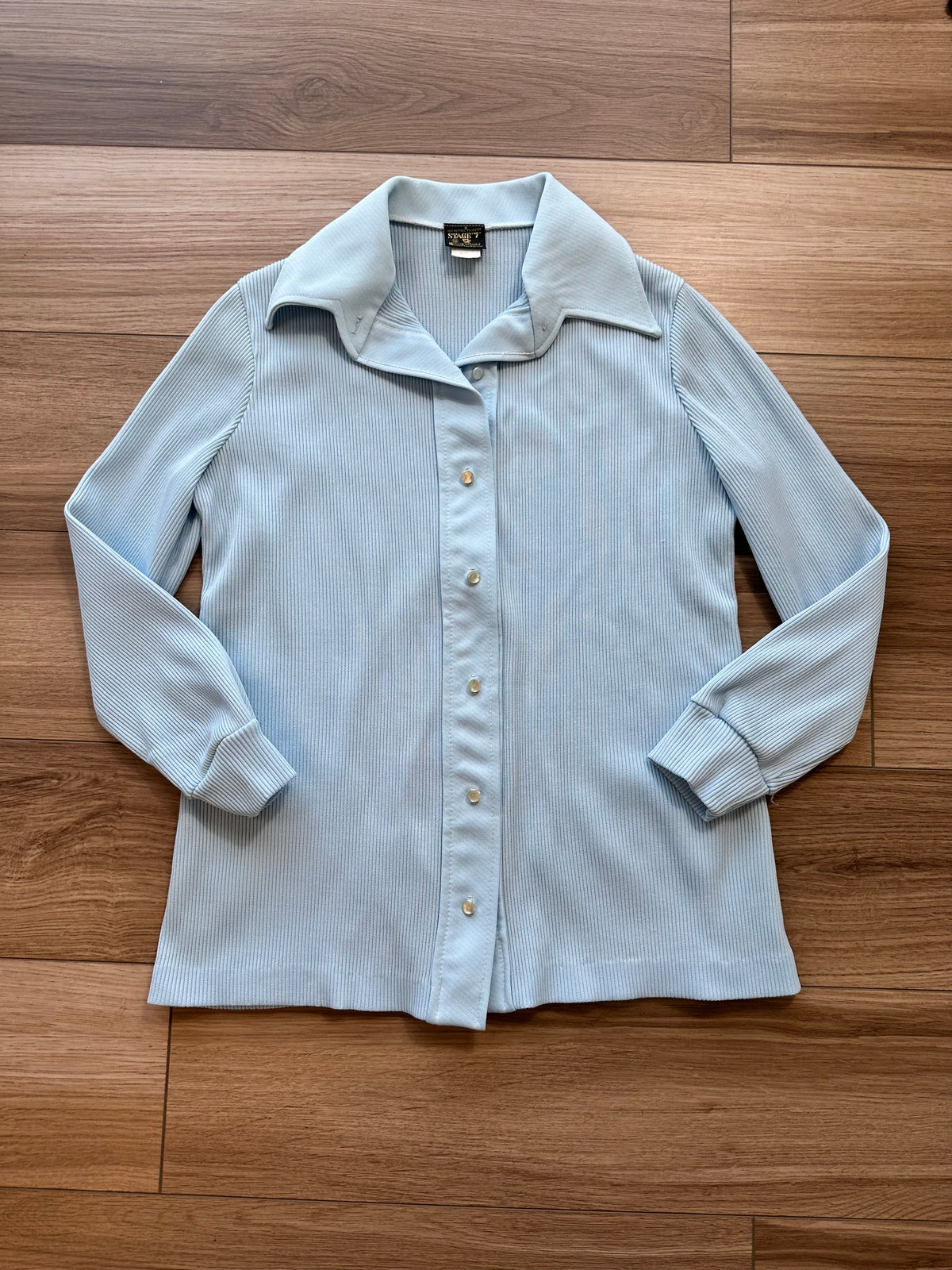 1970's Light Blue Double Knit Poly Dagger Collar Button Down