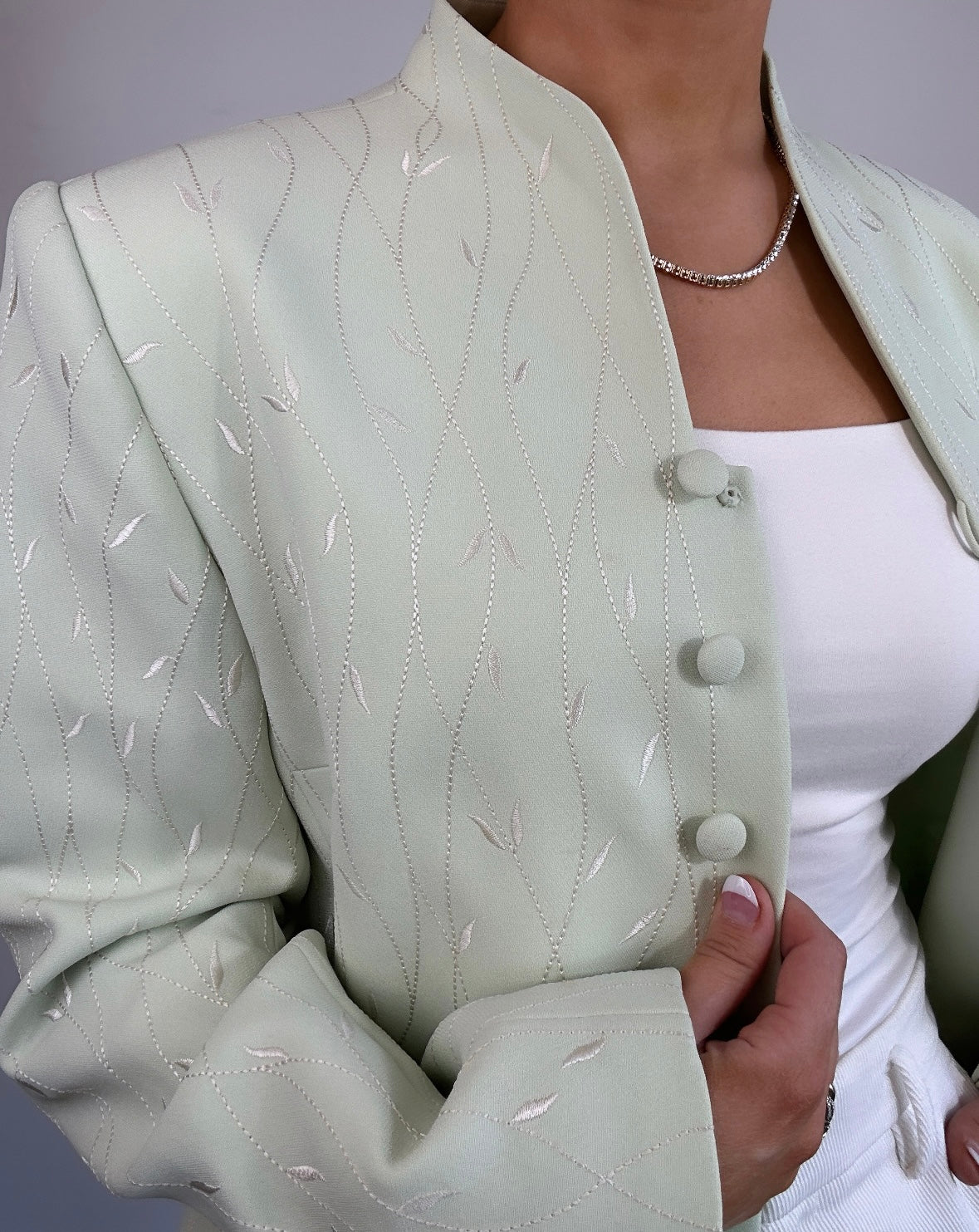 Vintage Light Green White Embroidered Longline Blazer Jacket