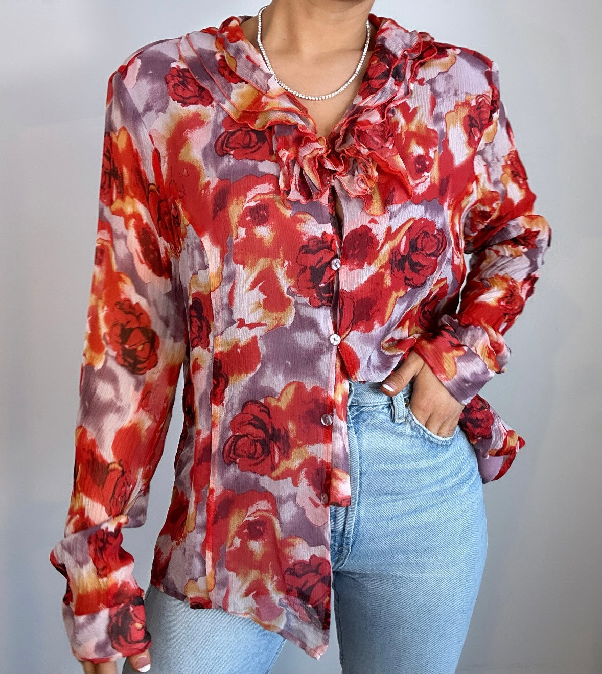 Y2K Pink Purple Floral Silk Ruffle Blouse
