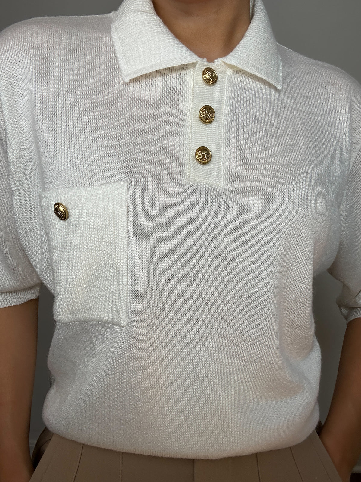 Vintage Designer Originals White Polo Gold Buttons Knit Top