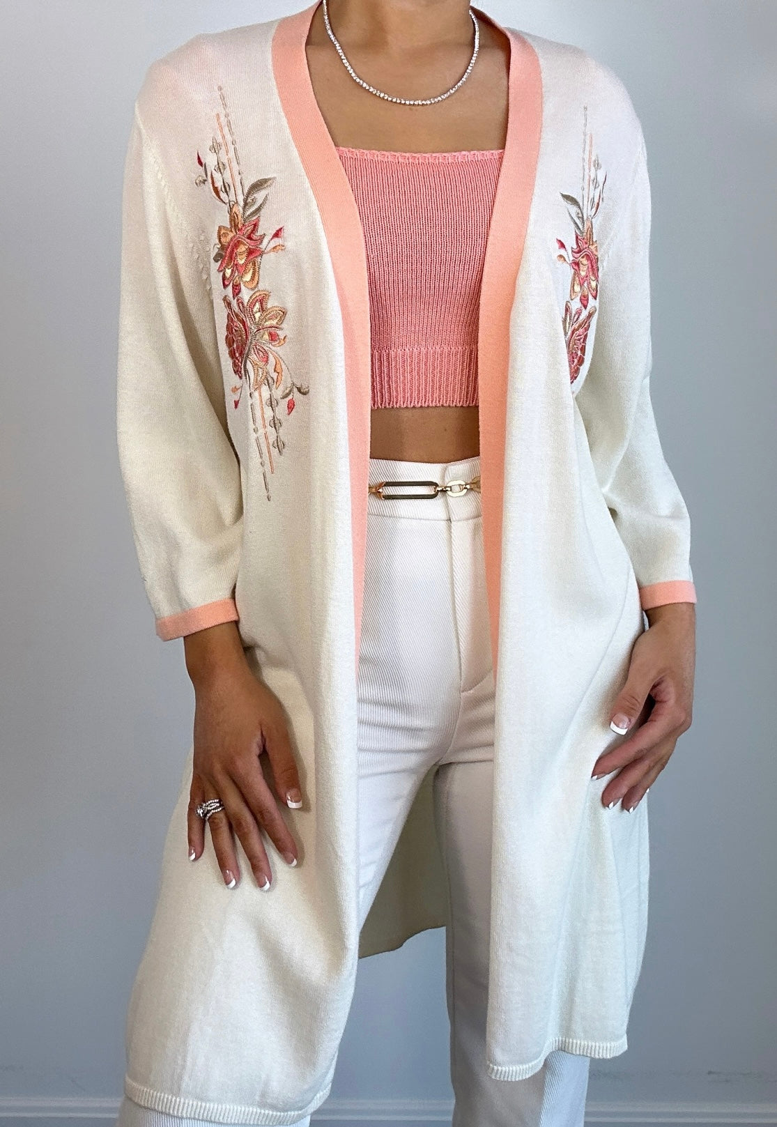 Vintage Peach & Cream Floral Embroidered Kimono Cardigan