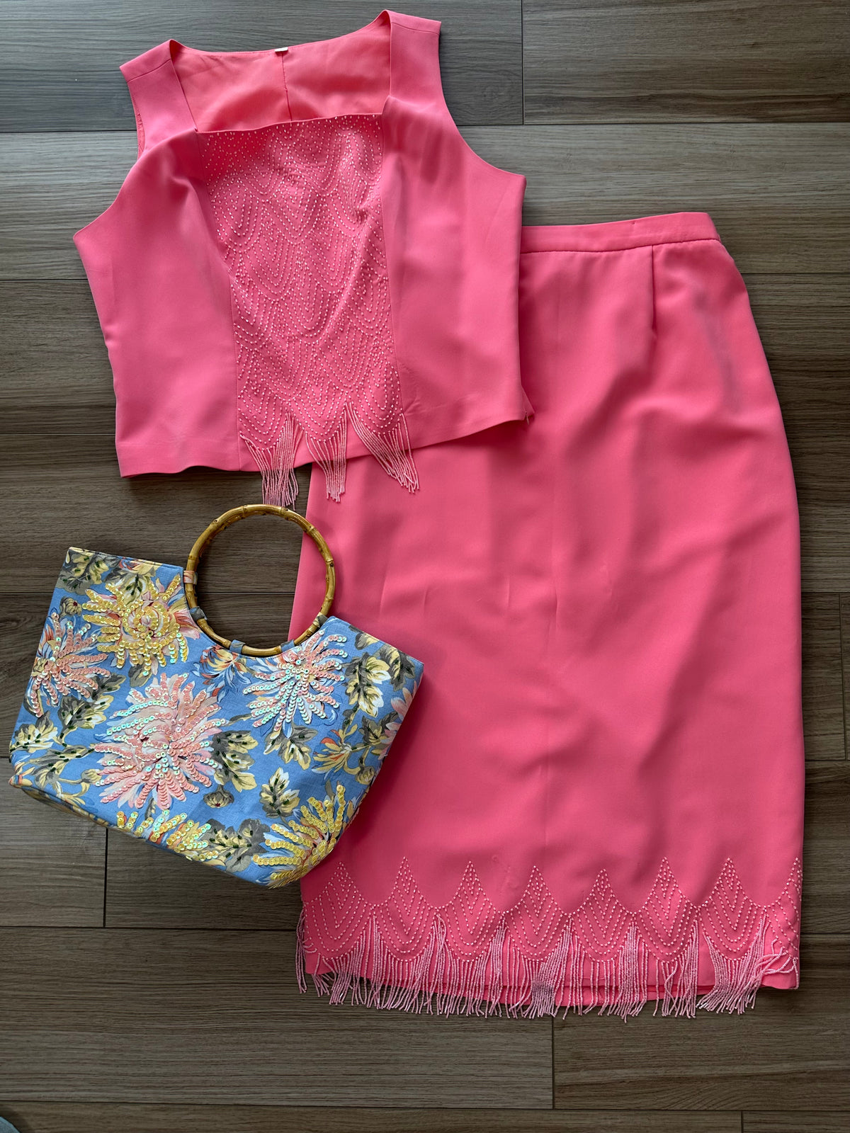 Y2K Vibrant Pink Beaded Sparkly Matching Skirt Set