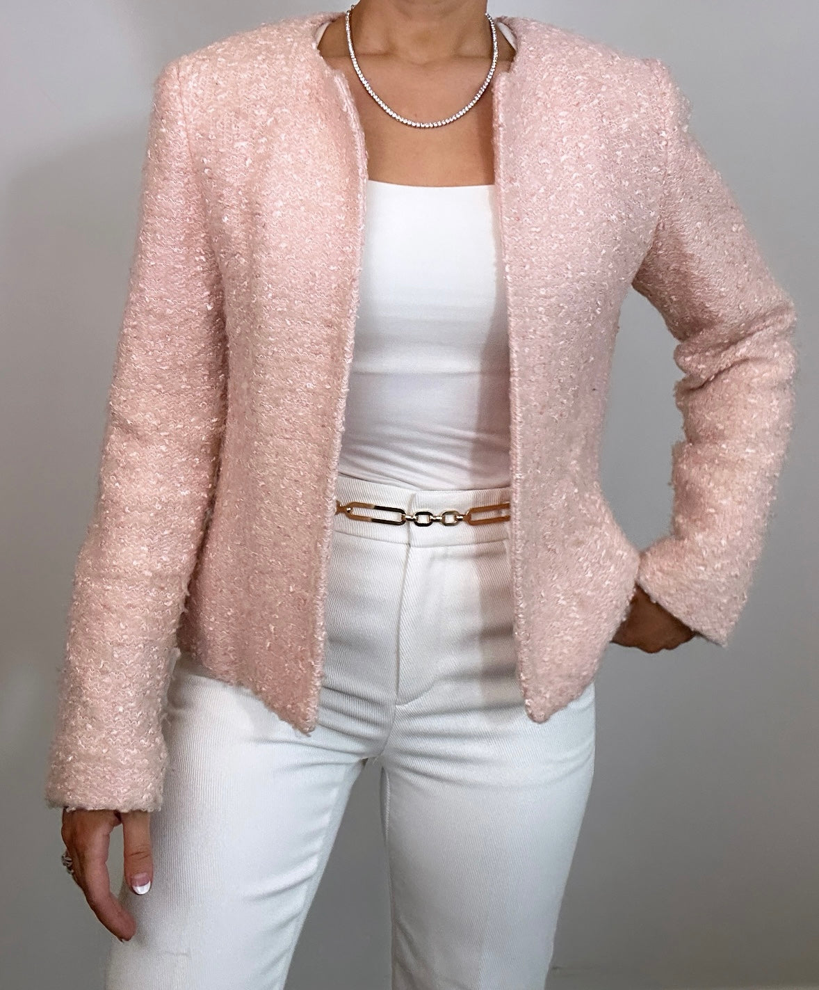 Vintage Light Pink Boucle Tweed Blazer Jacket