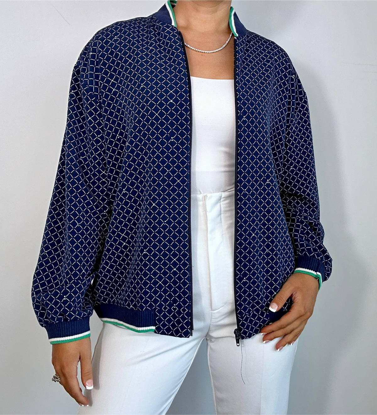 Vintage Popovitch Play Navy & Green Trim Printed Bomber Sports Jacket