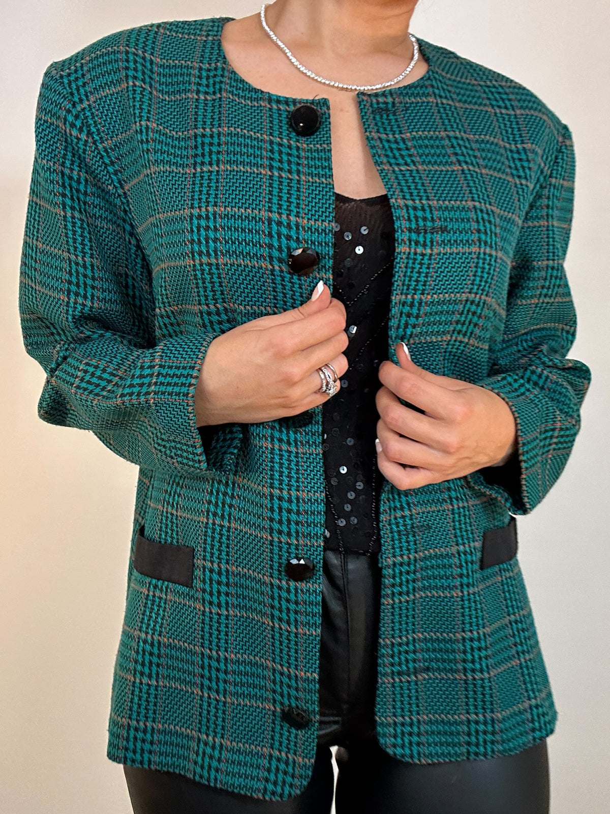 Vintage Cricket Lane Green Mustard Black Houndstooth Plaid Blazer Jacket