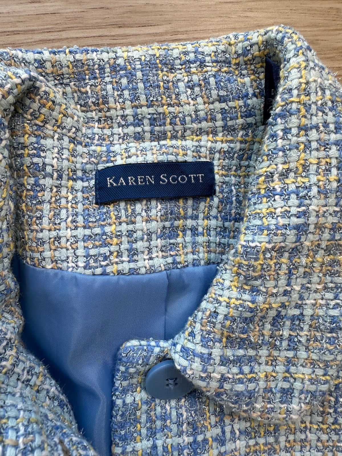 Vintage Light Blue Yellow Blend Tweed Karen Scott Blazer Jacket