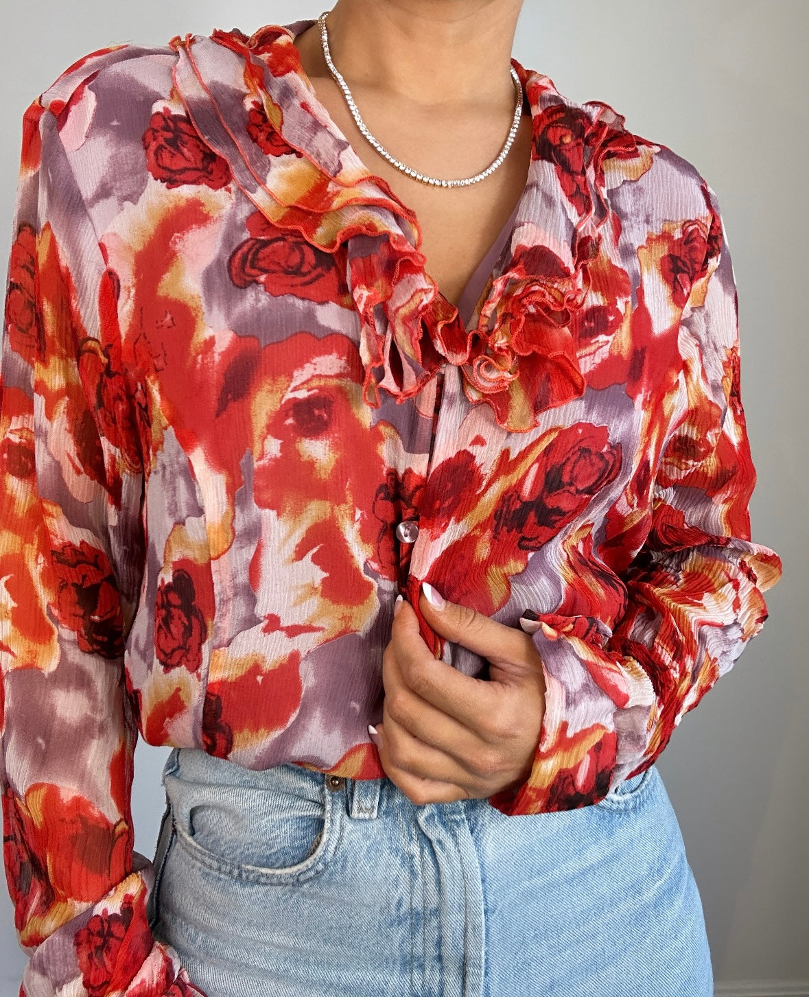 Y2K Pink Purple Floral Silk Ruffle Blouse