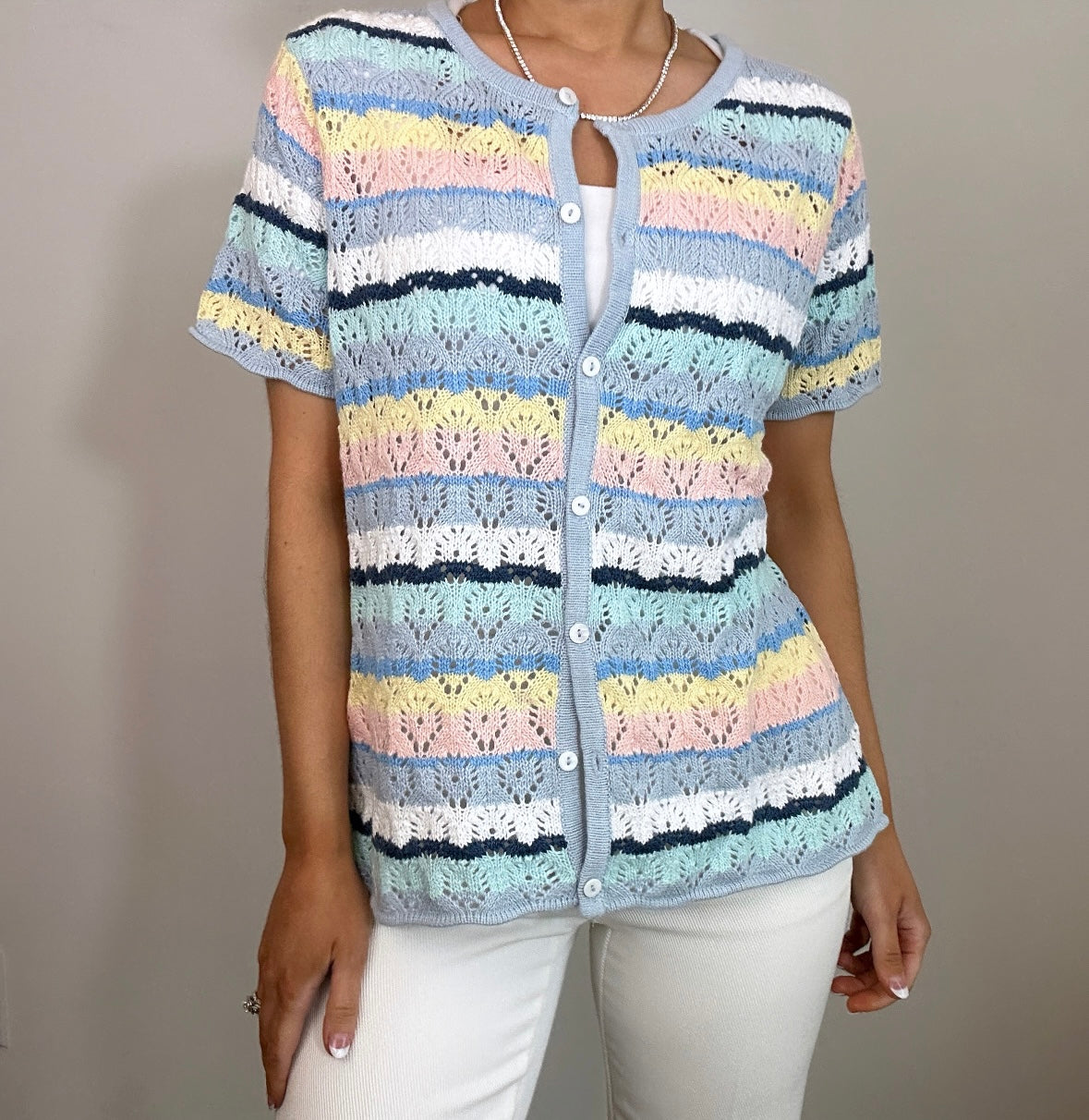 Vintage Crazy Horse Crochet Pastel Short Sleeve Knit Top