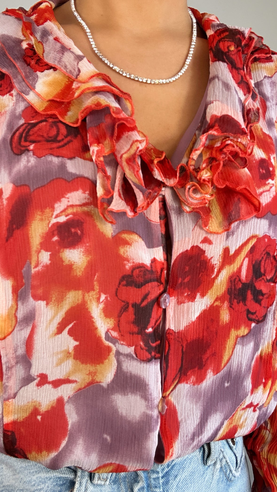 Y2K Pink Purple Floral Silk Ruffle Blouse