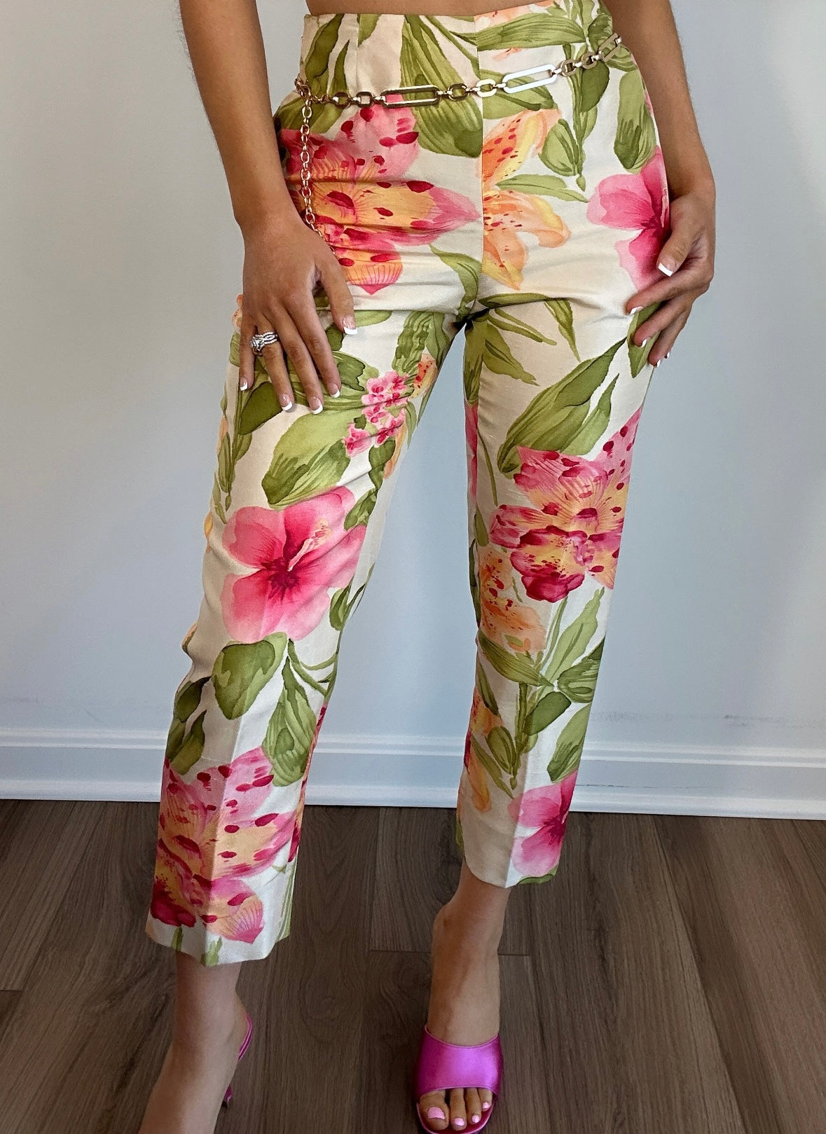 Vintage Dana Buchman Silk Floral Multicolor Crop Midi Rise Pants