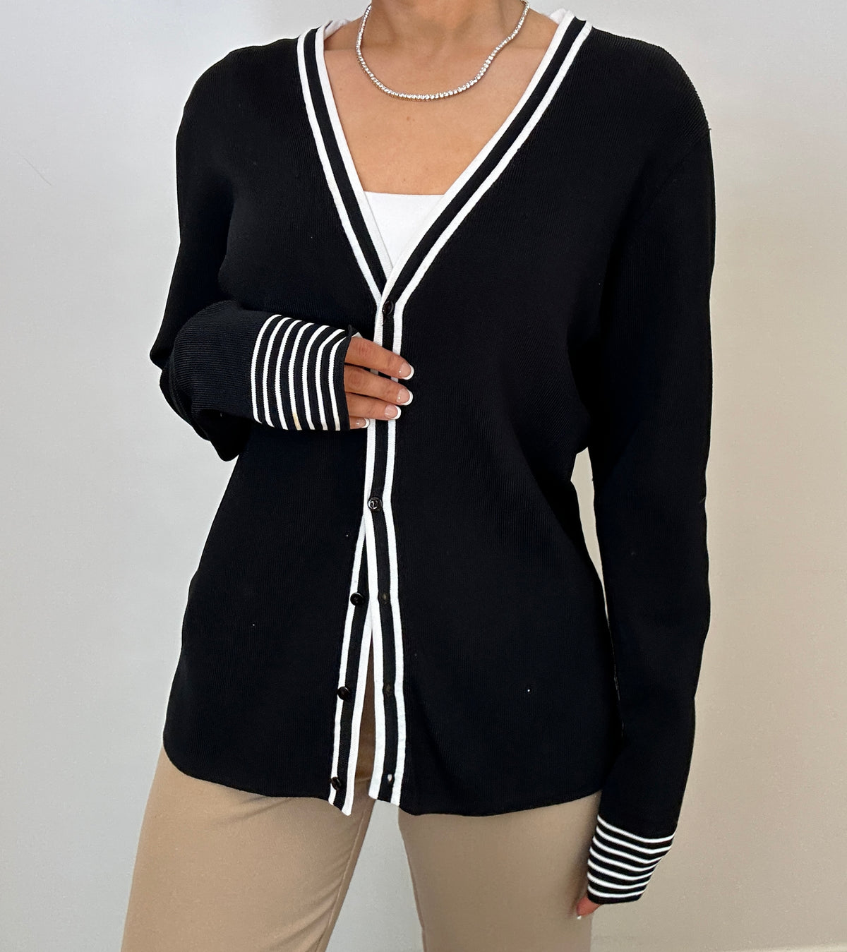 Y2K Vintage George Black White Trim Preppy Old Money Cardigan