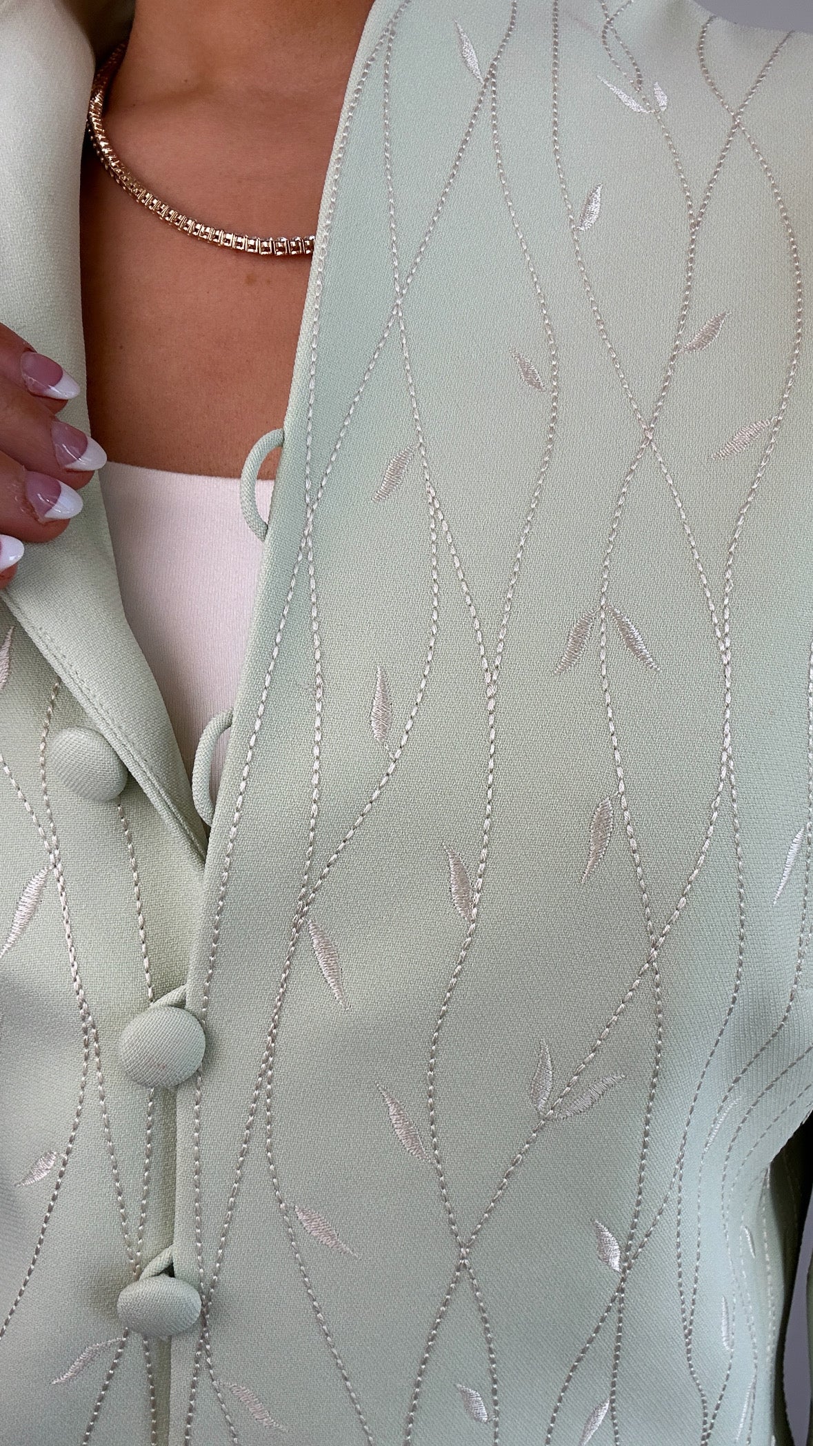 Vintage Light Green White Embroidered Longline Blazer Jacket