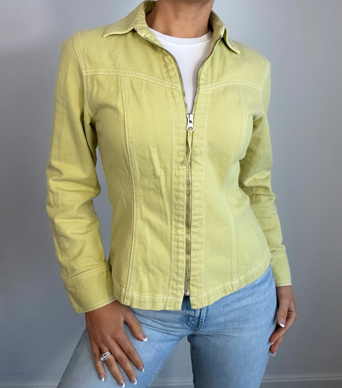 Y2K Lime Green Zip Up Denim Jacket