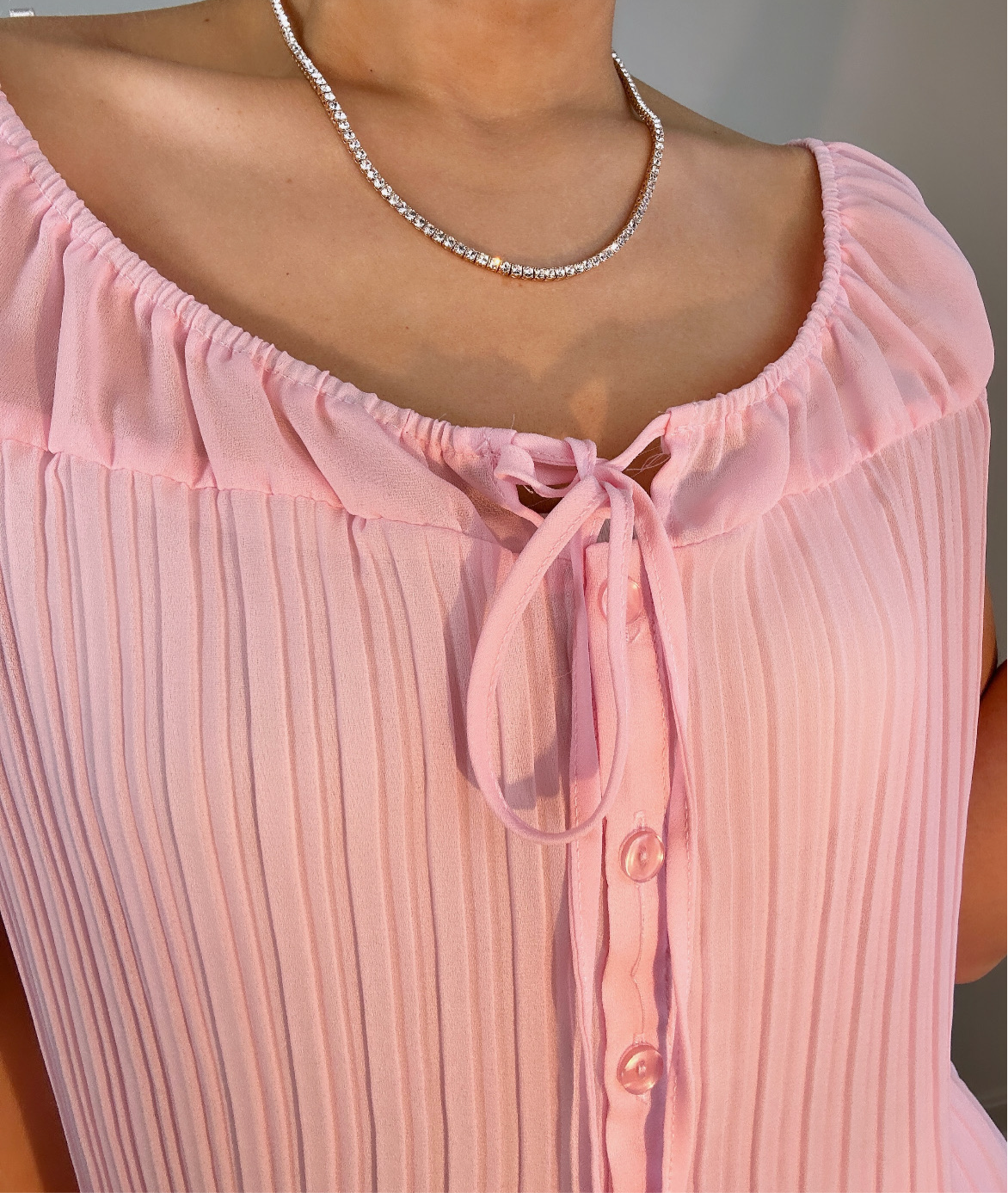 Y2k Plisse Sheer Pink Bow Tie Tank Top Blouse