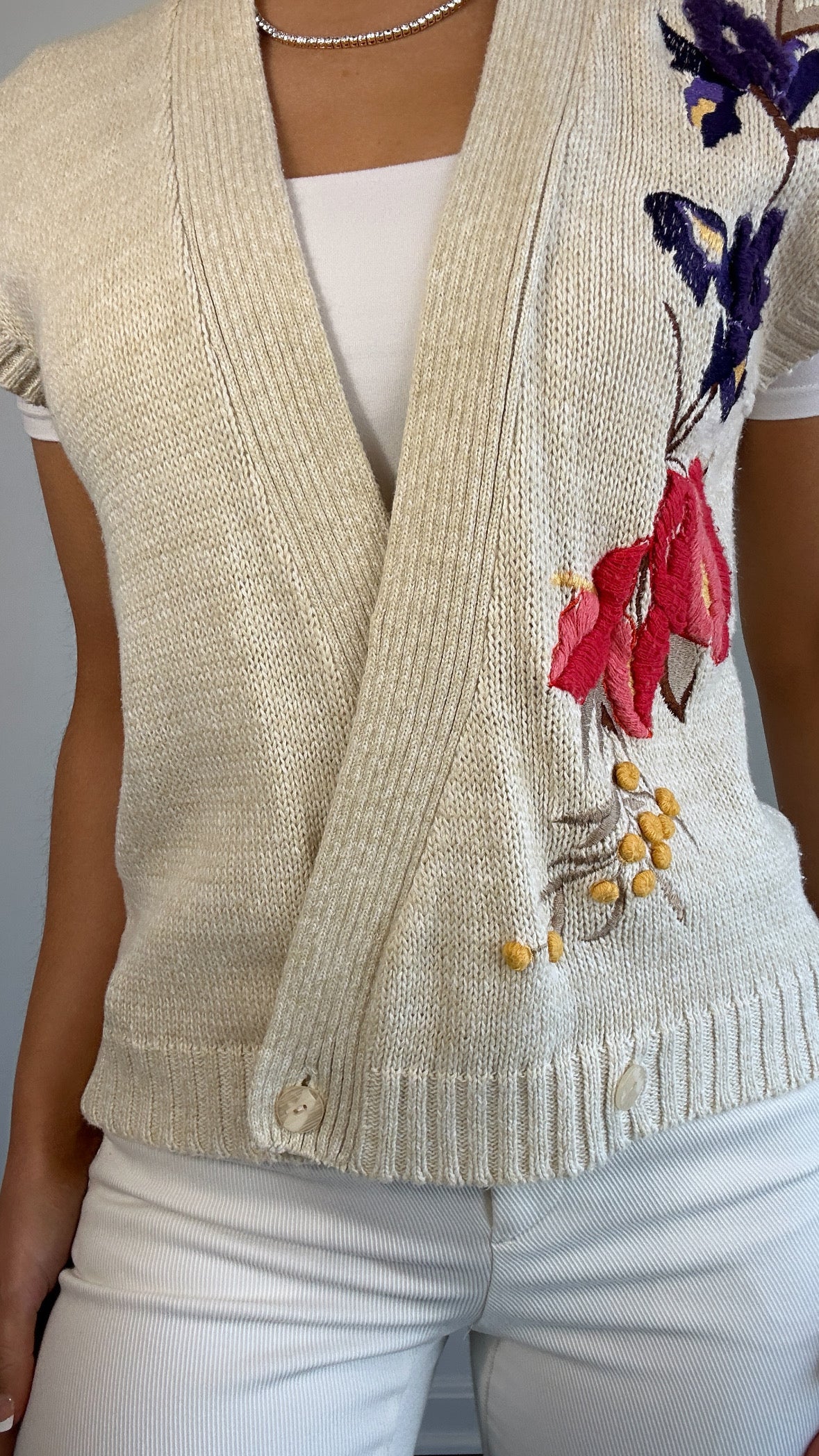 Vintage Cream Multicolor Embroidered Wrap Vest