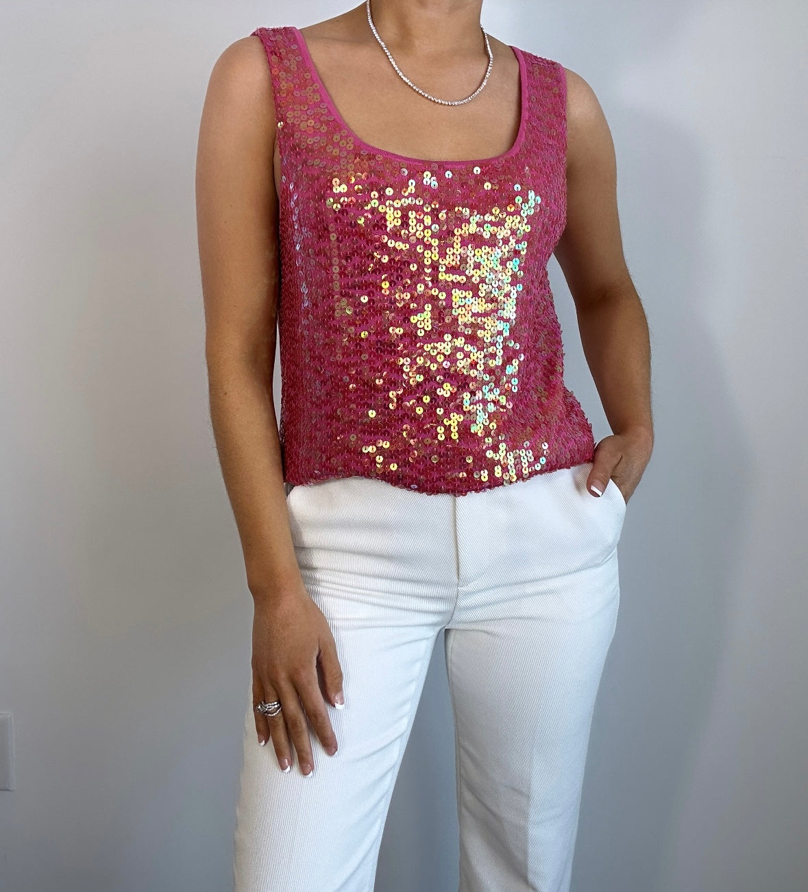 Y2k Hot Pink Silk Sequin Tank Top