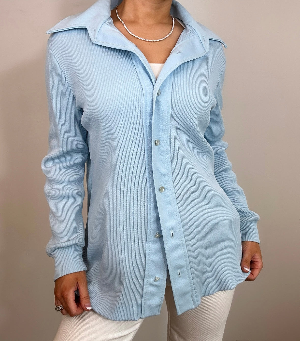 1970's Light Blue Double Knit Poly Dagger Collar Button Down