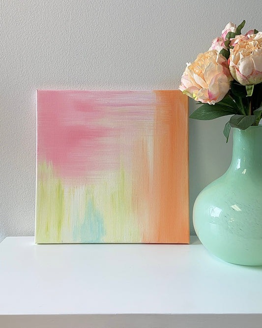 Arise, original 12x12 abstract acrylic painting by Cena Macklin featuring a coral orange foreground, soft pink vertical brushstrokes, and blended mint green, turquoise, and lavender pastels.