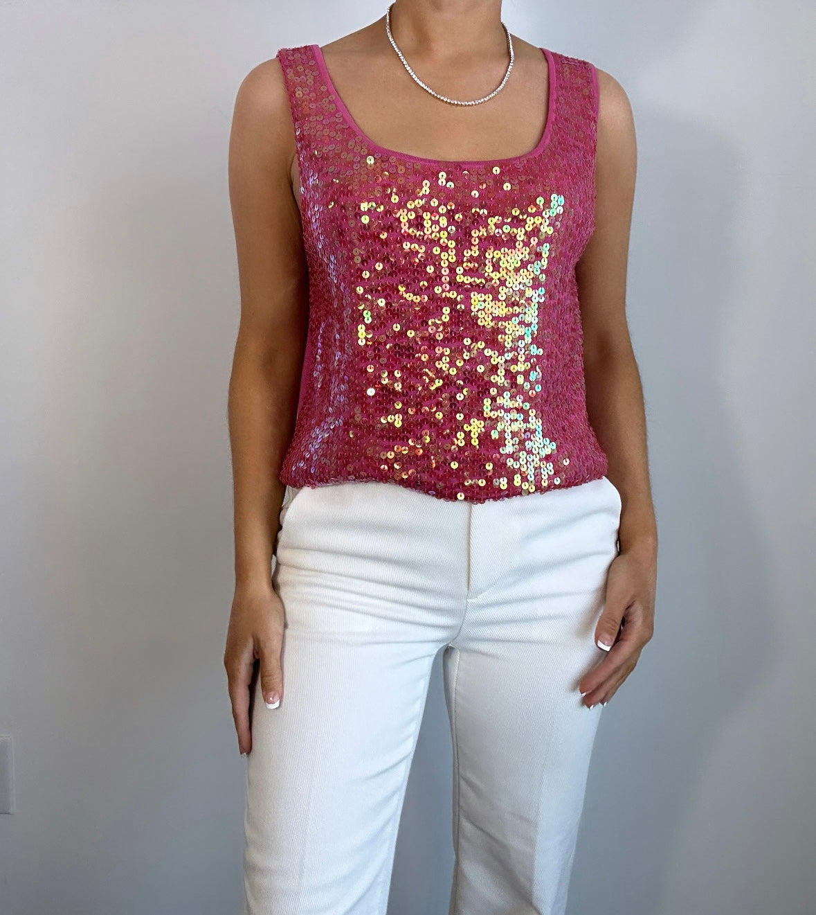 Y2k Hot Pink Silk Sequin Tank Top