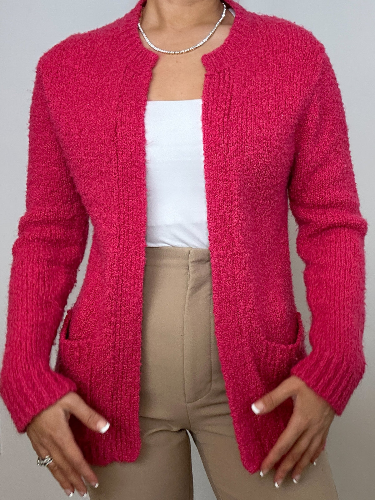 Vintage Townhouse Long Hot Pink Cardigan Sweater with Pockets