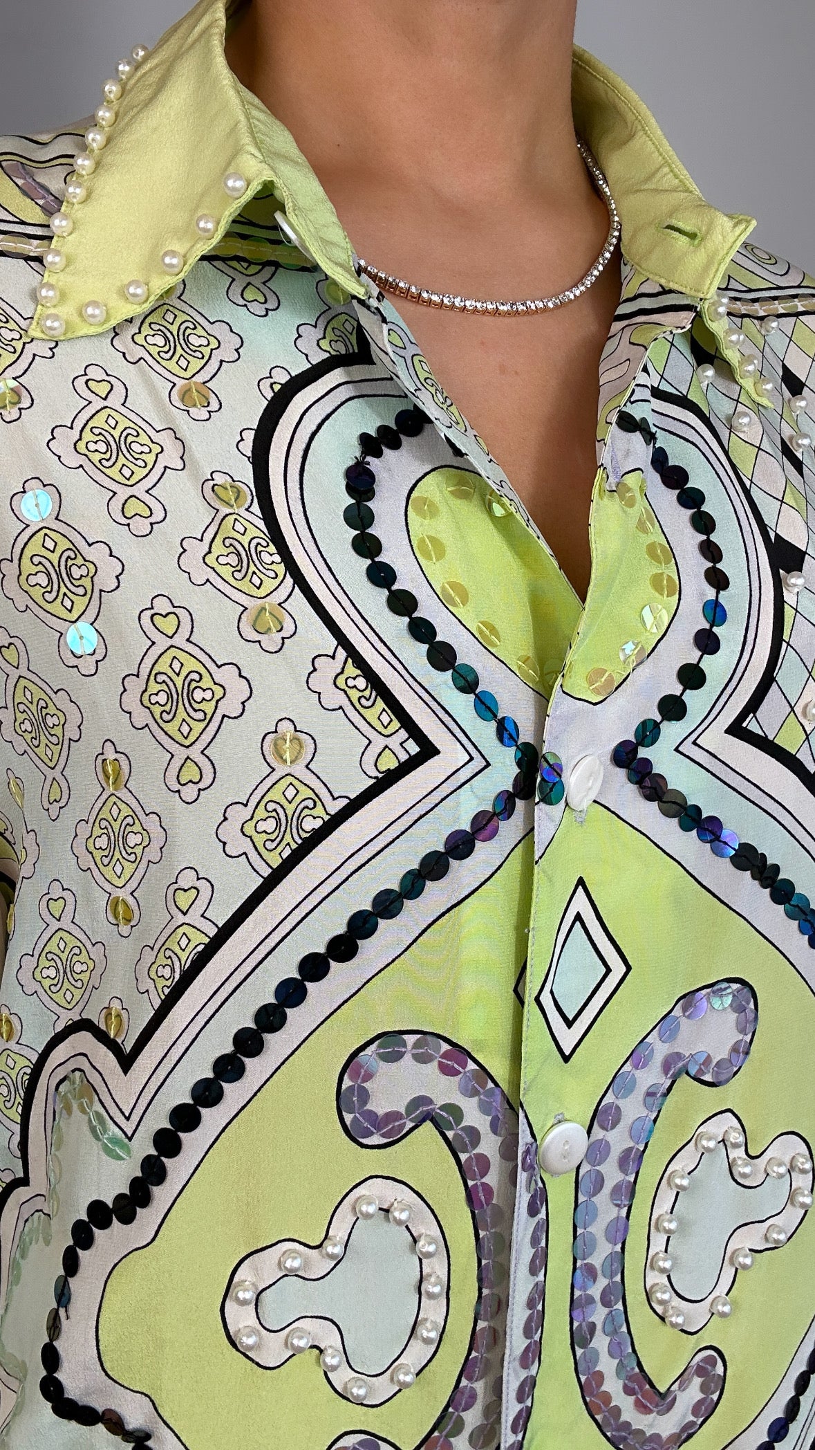 Vintage Diane Gilman 100% Silk Sequin Lime Green Patterned Button Down Top