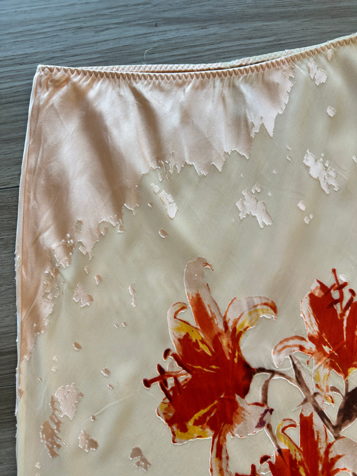 Y2k Peach Hibiscus Floral Print Silk Midi Slip Skirt