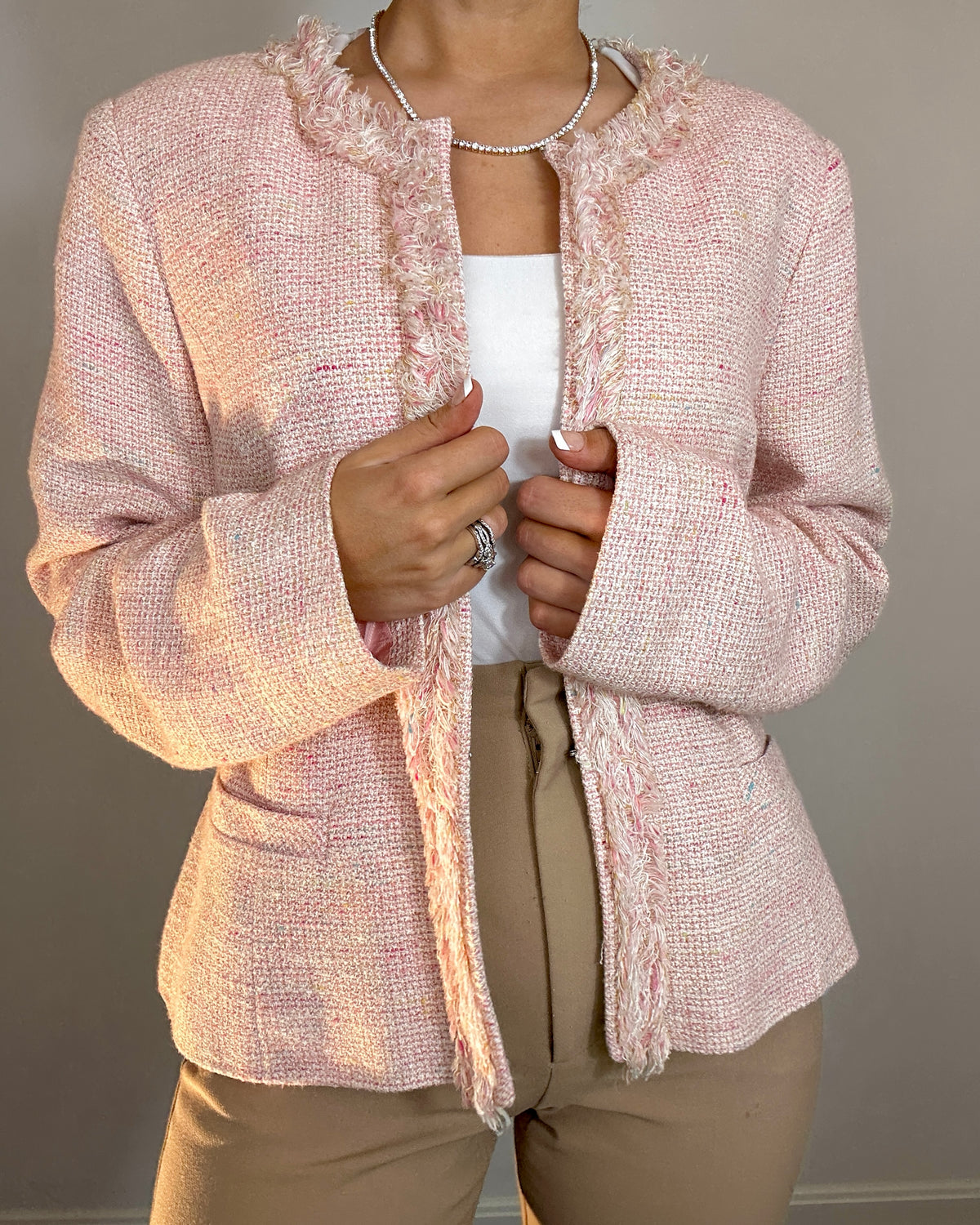 Alfani Light Pink Tweed Fringe Trim Blazer Jacket