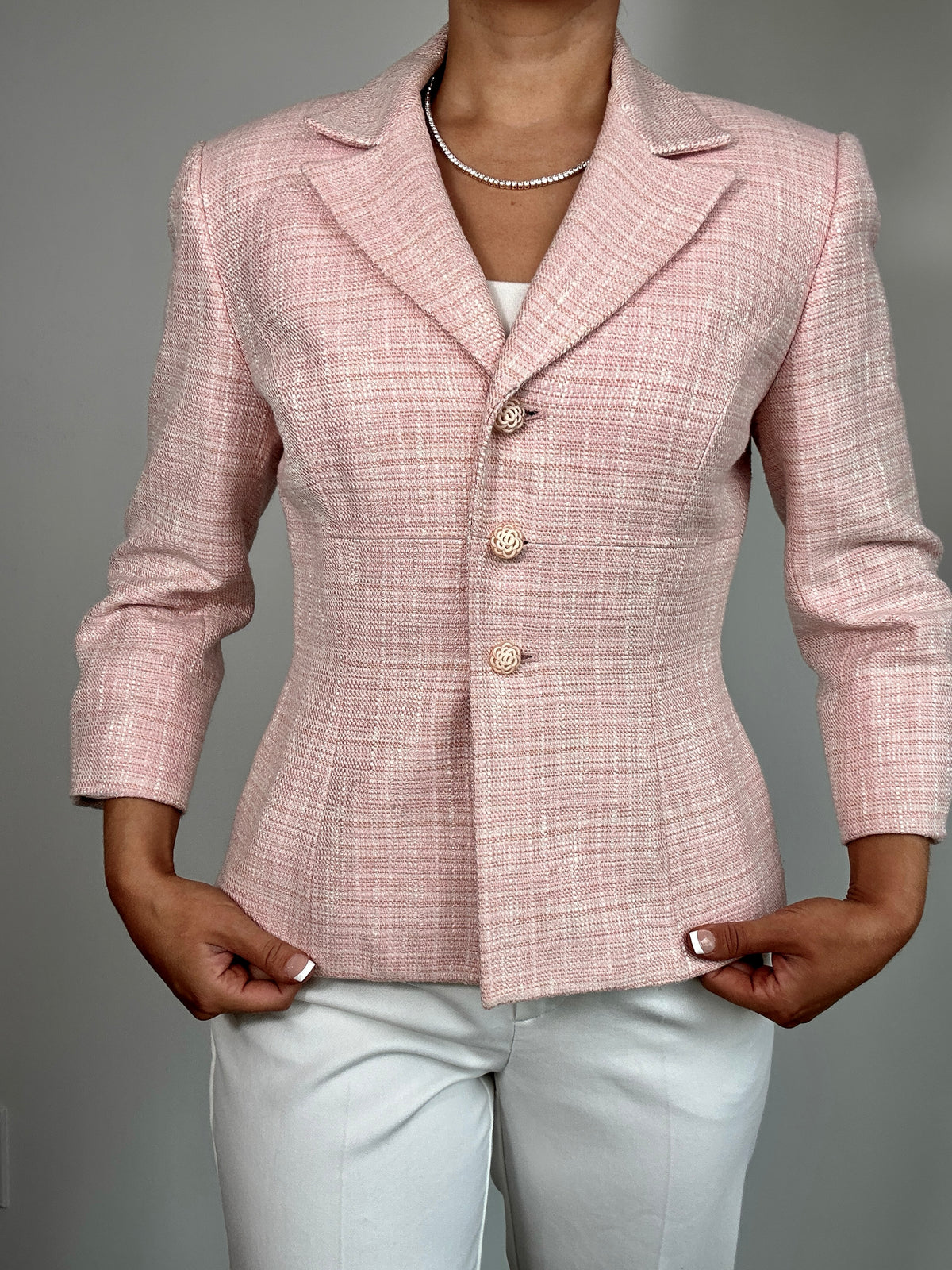 Vintage Light Pink Tweed Liz Claiborne Cinched Waist Blazer