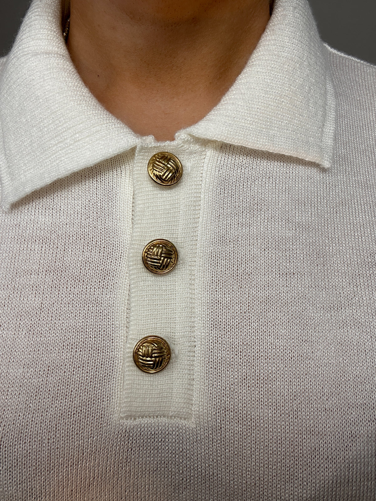 Vintage Designer Originals White Polo Gold Buttons Knit Top